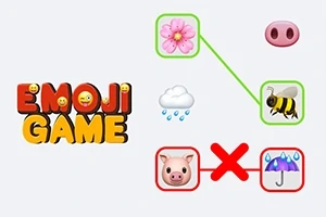 Nápis EMOJI GAME vedle diagonálních řad emodži, včetně květiny, včely a deště, spojených zelenými čarami, zatímco hlava prasátka a deštník jsou propojeny červeným křížkem