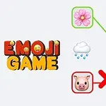 Nápis EMOJI GAME vedle diagonálních řad emodži, včetně květiny, včely a deště, spojených zelenými čarami, zatímco hlava prasátka a deštník jsou propojeny červeným křížkem
