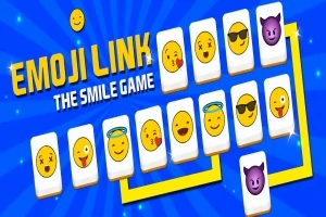Karta s různými emotikony na modrém pozadí s nápisem Emoji Link a žlutou linií spojující karty