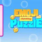 Ilustrace s emodži ve čtvercové mřížce vedle barevného nápisu Emoji Matching Puzzle na modrém pozadí s bublinami