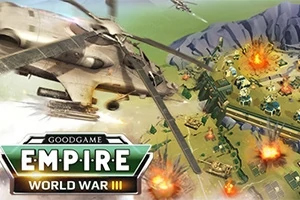 Empire: World War 3 Vrtulník letící nad bojištěm s výbuchy a vojenskými budovami, logo s nápisem v dolní části