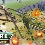 Empire: World War 3 Vrtulník letící nad bojištěm s výbuchy a vojenskými budovami, logo s nápisem v dolní části