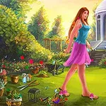 Žena v růžové sukni a modrém tílku stojí uprostřed zahrady plné květin a nářadí, v pozadí s altánem obklopeným zelení