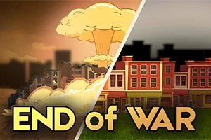 Ilustrace ukazuje rozdělenou scénu s výbuchem atomového hřibu vlevo a městem s barevnými domy vpravo, s textem END of WAR ve spodní části