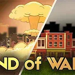 Ilustrace ukazuje rozdělenou scénu s výbuchem atomového hřibu vlevo a městem s barevnými domy vpravo, s textem END of WAR ve spodní části