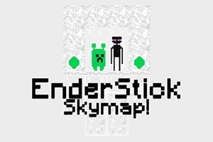 Postavy v pixelovém stylu, zelený tvor a černá postava, mezi dvěma zelenými diamanty s nápisem „EnderStick Skymap!