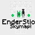 Postavy v pixelovém stylu, zelený tvor a černá postava, mezi dvěma zelenými diamanty s nápisem „EnderStick Skymap!