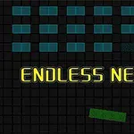 Žlutý nápis Endless Neon na černém pozadí s modrými a zelenými čtverci a obdélníky