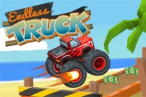 Červený monster truck skáče přes rampu na pláži s létajícími bankovkami a palmou na pozadí