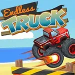 Červený monster truck skáče přes rampu na pláži s létajícími bankovkami a palmou na pozadí