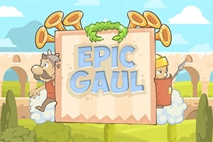 Ilustrace s nápisem Epic Gaul na ceduli se dvěma kreslenými postavami po stranách, v pozadí antický akvadukt a modrá obloha s mráčky