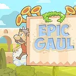 Ilustrace s nápisem Epic Gaul na ceduli se dvěma kreslenými postavami po stranách, v pozadí antický akvadukt a modrá obloha s mráčky