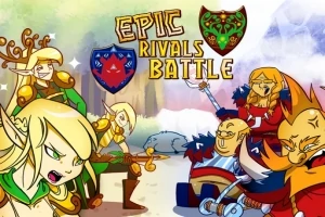 Sada kreslených postav v bojové scéně s nápisy Epic Rivals Battle a erby na pozadí