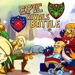 Sada kreslených postav v bojové scéně s nápisy Epic Rivals Battle a erby na pozadí