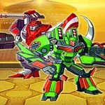 Dva barevní roboti s futuristickým designem a zbraněmi stojí před mechanickým pozadím při západu slunce