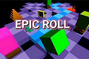 Barevná 3D scéna s kostkami a textem EPIC ROLL na šachovnicovém pozadí
