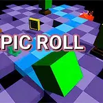 Barevná 3D scéna s kostkami a textem EPIC ROLL na šachovnicovém pozadí
