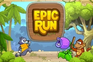 Zvířecí postavičky v džungli, včetně medvěda a opice, stojí vedle fialové kvetoucí rostliny s dřevěným nápisem Epic Run uprostřed