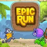 Zvířecí postavičky v džungli, včetně medvěda a opice, stojí vedle fialové kvetoucí rostliny s dřevěným nápisem Epic Run uprostřed