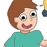 Kreslená postava s úsměvem drží velkou gumu a vedle ní svítí žárovka
