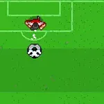 Pixel art fotbalové hřiště s brankářem, bránícím hráčem a fotbalovým míčem uprostřed