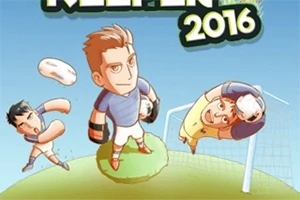 Animovaná scéna se třemi kreslenými fotbalisty, z nichž jeden je brankář, na modrém pozadí s nápisy nahoře