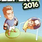 Animovaná scéna se třemi kreslenými fotbalisty, z nichž jeden je brankář, na modrém pozadí s nápisy nahoře