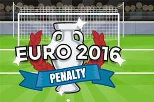 Trojfej a logo s nápisy EURO 2016 a PENALTY před fotbalovou brankou na stadionu