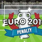 Trojfej a logo s nápisy EURO 2016 a PENALTY před fotbalovou brankou na stadionu