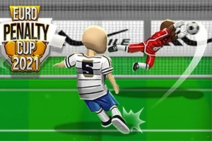 Hráč v bílém dresu kope penaltu na brankáře v červeném dresu