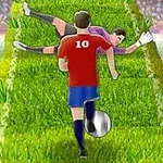 Fotbalový hráč v červeném dresu s číslem 10 dribluje s míčem po trávníkové cestě směrem k brankáři
