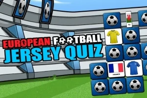 Návrh představuje text European Football Jersey Quiz na pozadí fotbalového stadionu s ikonami míčů a fotbalových dresů různých barev