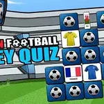 Návrh představuje text European Football Jersey Quiz na pozadí fotbalového stadionu s ikonami míčů a fotbalových dresů různých barev