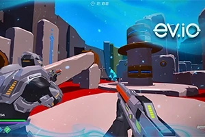 Dva postapokalyptičtí válečníci v brněních držící futuristické zbraně v barevném sci-fi městě