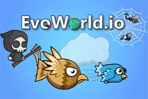 Na obrázku je kreslený hnědý pták a modrý pták letící v modrém nebi s lebkou v kápi a pavouk s vosou na pavučině v pravém horním rohu, text EvoWorld