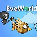 Na obrázku je kreslený hnědý pták a modrý pták letící v modrém nebi s lebkou v kápi a pavouk s vosou na pavučině v pravém horním rohu, text EvoWorld