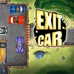 Barevná auta zaparkovaná kolem vyznačené silnice s výrazným nápisem Exit Car na pravé straně