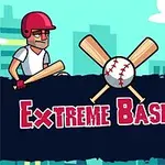 Dva kreslení hráči baseballu, jeden s rukavicí a jeden s pálkou, s míčem uprostřed a nápisem Extreme Baseball na pozadí města