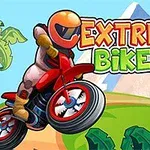 Motocyklista na červené motorce skáče přes kopec, v pozadí palmy a hory, s nápisem EXTREME BIKERS