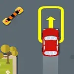 Červené auto na cestě s žlutou šipkou a obrubníky s okolními zelenými plochami a stromy