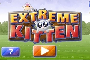Barevný nápis s nápisem Extreme Kitten s kočkou a ptáčkem nahoře, v pozadí travnatá krajina a dvě tlačítka na spodní části