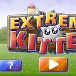 Barevný nápis s nápisem Extreme Kitten s kočkou a ptáčkem nahoře, v pozadí travnatá krajina a dvě tlačítka na spodní části
