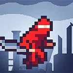 Pixelová postava v červeném oblečení skáče před siluetou města na pozadí