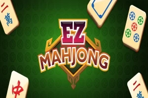 Logo EZ Mahjong na zeleném pozadí obklopené dlaždicemi mahjongu