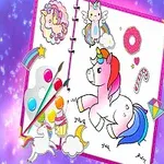 Barevná ilustrace roztomilých jednorožců a duhy se sadou malířských potřeb na fialovém třpytivém pozadí
