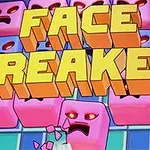 Nápis FACE BREAKER na pozadí s růžovými a modrými kostkami s rozzlobenými obličeji