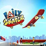 Postavička skejťáka ve vzduchu vedle skateboardu s městským panoramatem v pozadí
