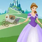 Princezna v fialových šatech a koruně stojí na pozadí s hradem a kočárem taženým koněm