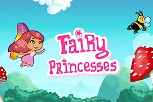 Barevná scéna z pohádkové krajiny s létající vílou, animovanou včelkou, červenými houbami a názvem Fairy Princesses na modrém nebi