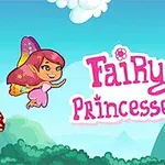 Barevná scéna z pohádkové krajiny s létající vílou, animovanou včelkou, červenými houbami a názvem Fairy Princesses na modrém nebi